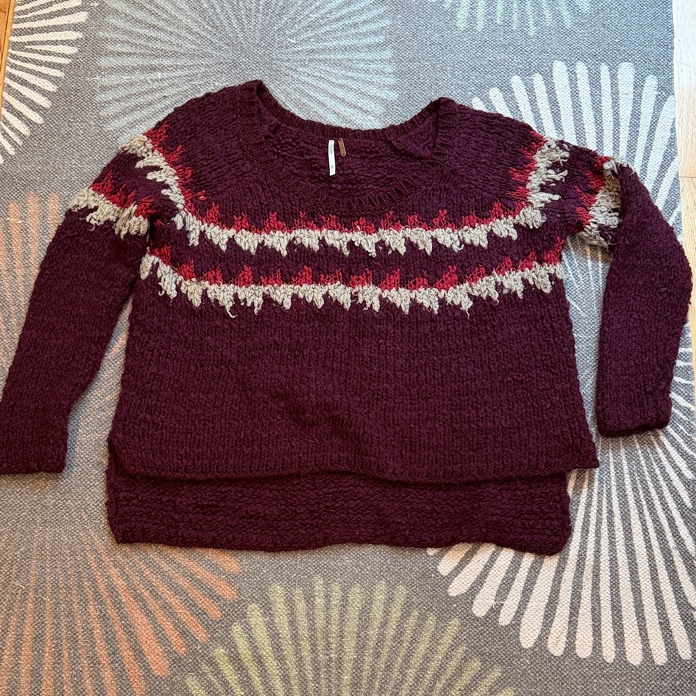 Free People Maroon and Gray Fair Isle Patterned Sweater - Picture 1 of 9